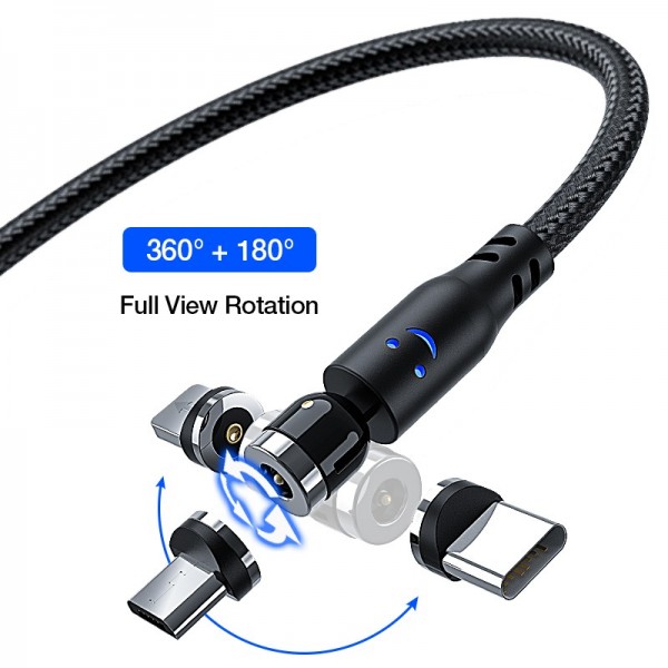 North Establish element Cablu de incarcare Premium 3in1 Magnetic cu LED si rotatie la 540° USB-C,  MicroUSB si Lightning iPhone, 3 Conectori 360 Hotriple