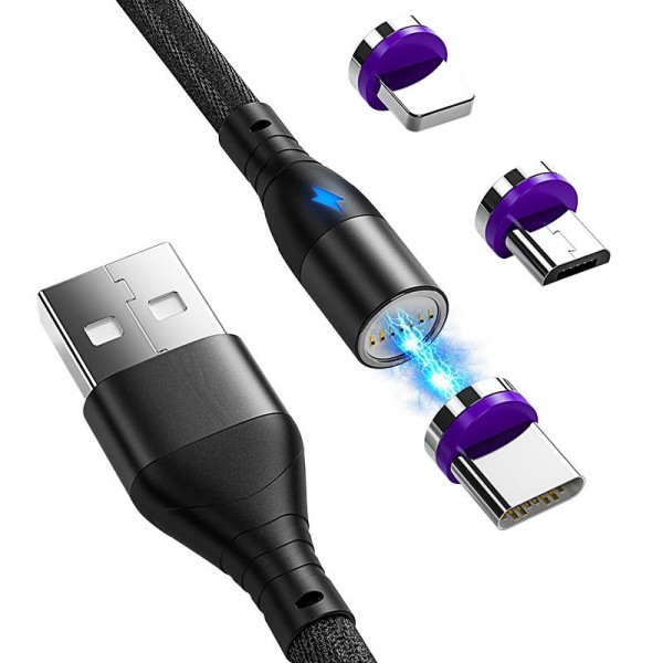 basin origin Hubert Hudson Cablu de date si incarcare 3A Premium 3in1 Magnetic cu LED USB-C, MicroUSB  si Lightning iPhone, 3 Conectori 360 Hotriple